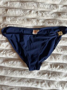 Tory Burch Navy Bikini Bottom with Gold Logo Hardware